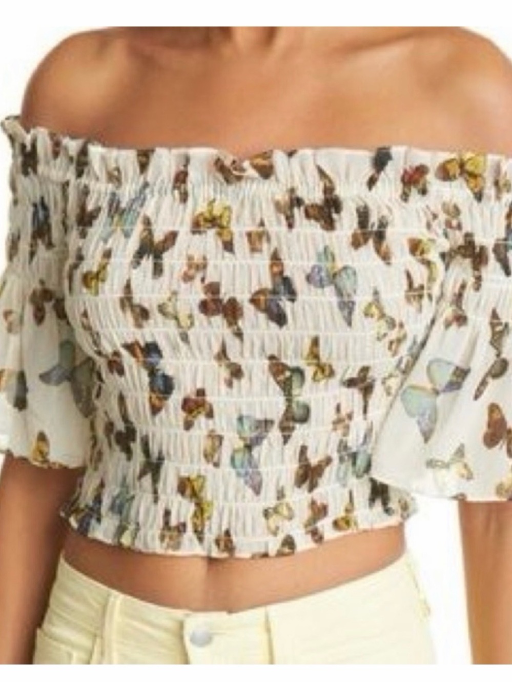 L'AGENCE White Butterfly Smocked Off-Shoulder Crop Top